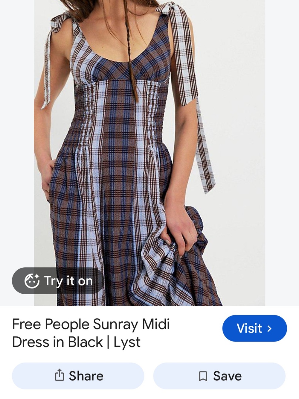 Free People Plaid Tie-Shoulder Midi Dress in Brown and Light Blue
